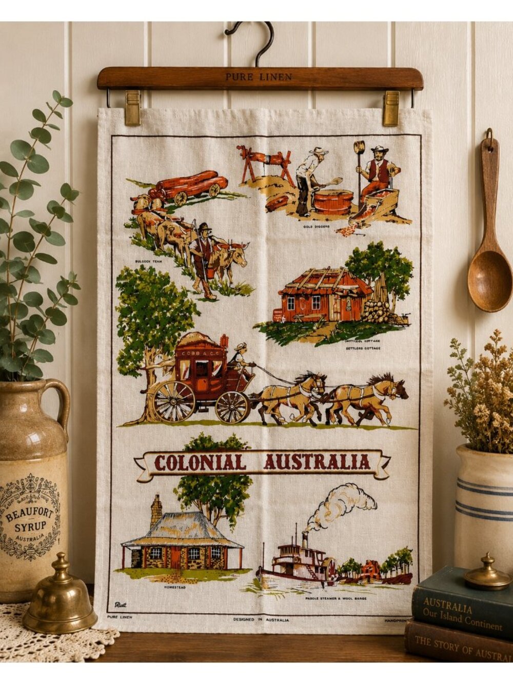 Vintage Linen Tea Towel Colonial Australia Handprinted Souvenir Signed 18x31